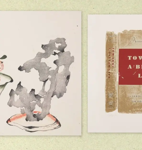 Two printed images, on the left of a Chinese still life, on the right a book cover.