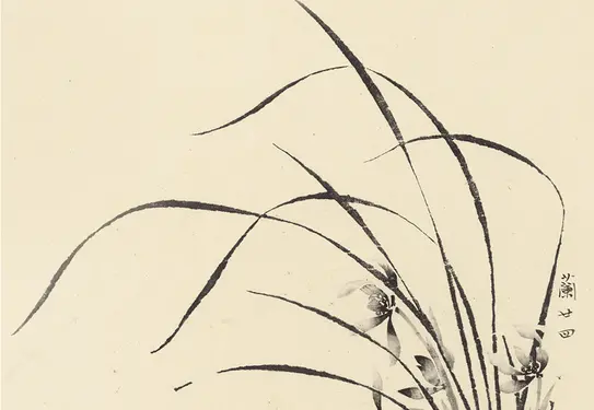 An ink brush painting of a blooming plant with long leaves.