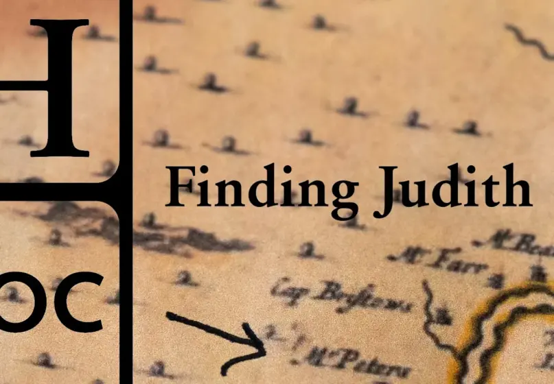 Text reads "Finding Judith", over a blurry background image of a map.