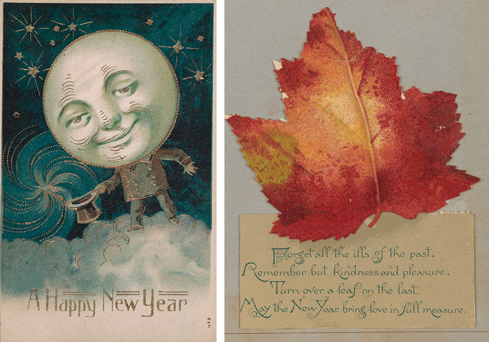 A postcard of an anthropomorphized moon on the left and a greeting card with a red-orange leaf on the right.