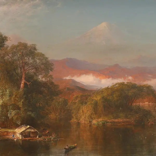 painting of Chimborazo, small boat on a lake with mountains in the background
