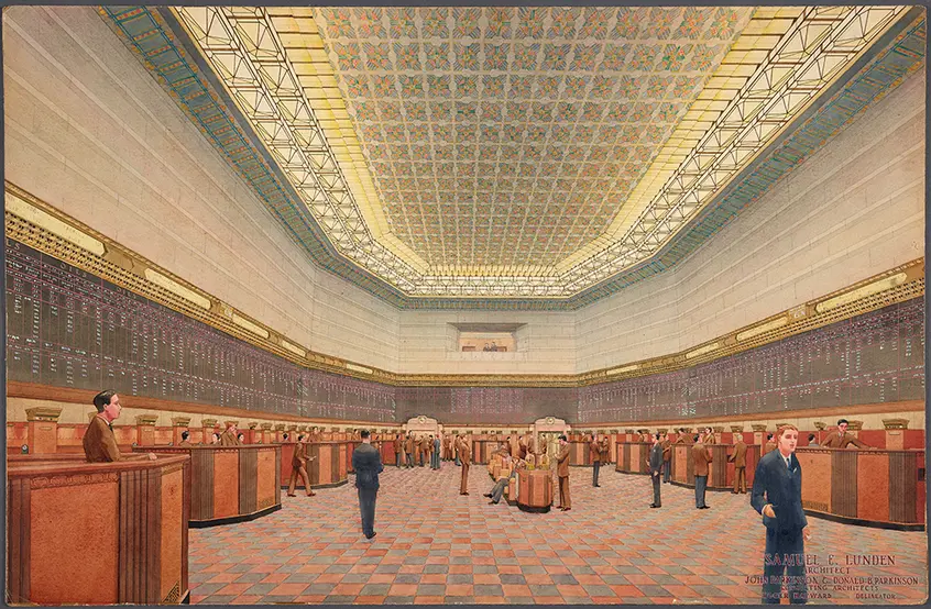 Roger Hayward (1899–1979), renderer, Los Angeles Stock Exchange, interior of trading room floor, ca. 1929. Samuel E. Lunden (1897-1995), architect, John Parkinson (1861-1935) and Donald Parkinson (1895-1945), consulting architects. Watercolor over graphite on illustration board, 25 1/2 x 39 inches. © Courtesy of Dr. James and Mrs. Miriam Kramer, 2018. The Huntington Library, Art Collections, and Botanical Gardens.