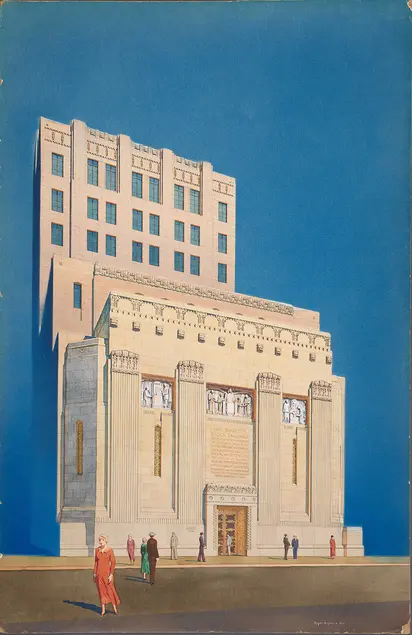 Roger Hayward (1899-1979), Los Angeles Stock Exchange, façade, ca. 1929, Samuel E. Lunden, architect, John & Donald Parkinson, consulting architects, Gouache on board, 39 x 25 1/2 inches. © Courtesy of Dr. James and Mrs. Miriam Kramer, 2018. The Huntington Library, Art Collections, and Botanical Gardens.
