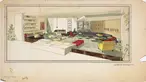 William Haines (1900-1973), interior designer, Living room of the Sidney and Frances Brody residence, Beverly Hills, ca. 1952. A. Quincy Jones (1913-1979), architect. Ink and watercolor on board, 26 x 47 1/2 inches. © Courtesy of William Haines Designs, 2018. The Huntington Library, Art Collections, and Botanical Gardens.