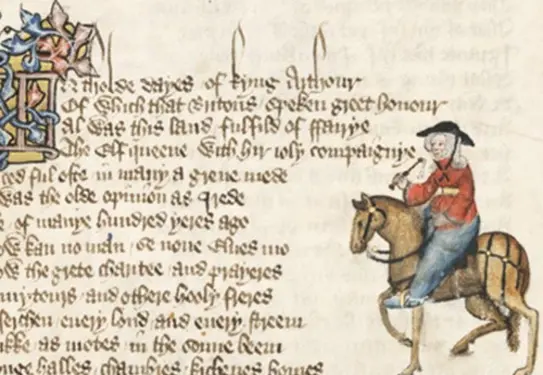 A hand-drawn page of text and drawings from Chaucer's Canterbury tales, ~1400-1410