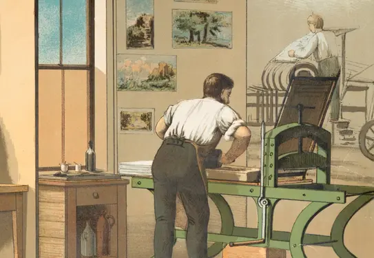 drawing of lithographer working at a press 
