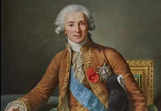 An 18th-century portrait of a French nobleman dressed in an ornate brown coat with gold braids, trim, and beads and white silk lining. A blue sash is draped underneath the open coat.