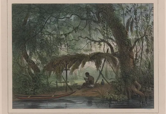 A painting of a man sitting under a tree canopy with a canoe on the shore next to him.