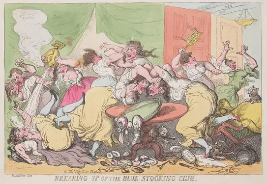 Etching of women fighting, knocking drinks, tables, and each other to the ground.