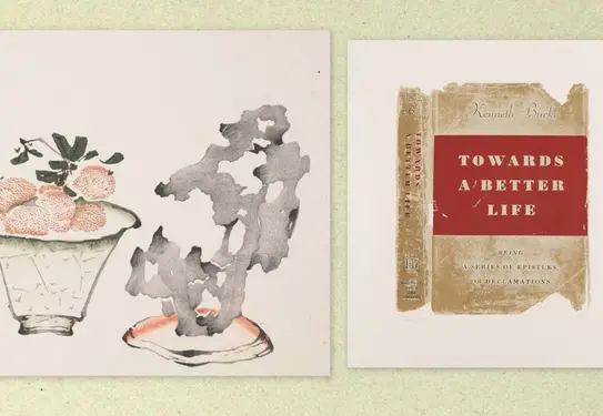 Two printed images, on the left of a Chinese still life, on the right a book cover.