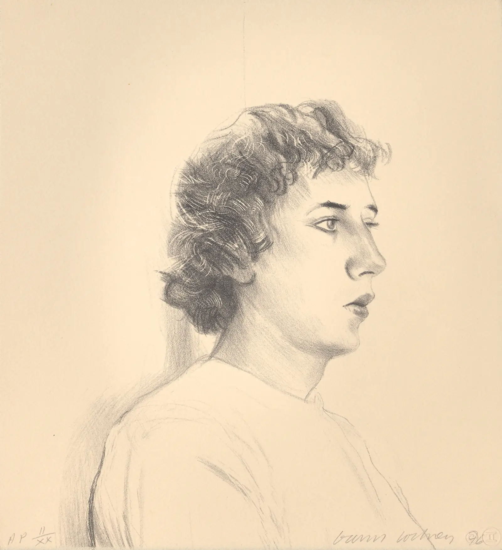 A lithograph of a person looking away from the viewer.