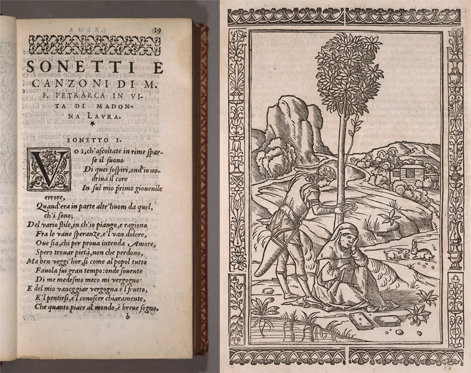 Two images of book pages: on the left is French text and on the right is an illustration of a pastoral scene.