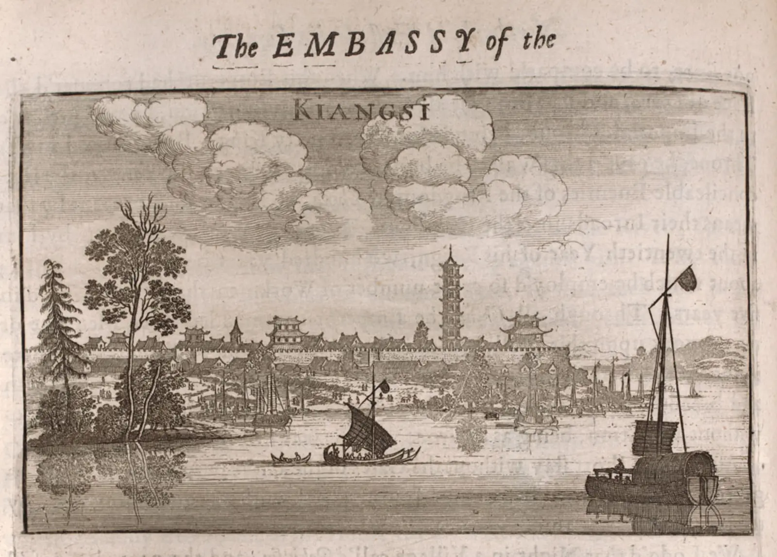 A black-and-white illustrated print of sailboats near a palace.