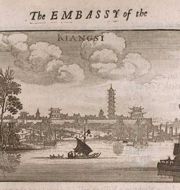 A black-and-white illustrated print of sailboats near a palace.