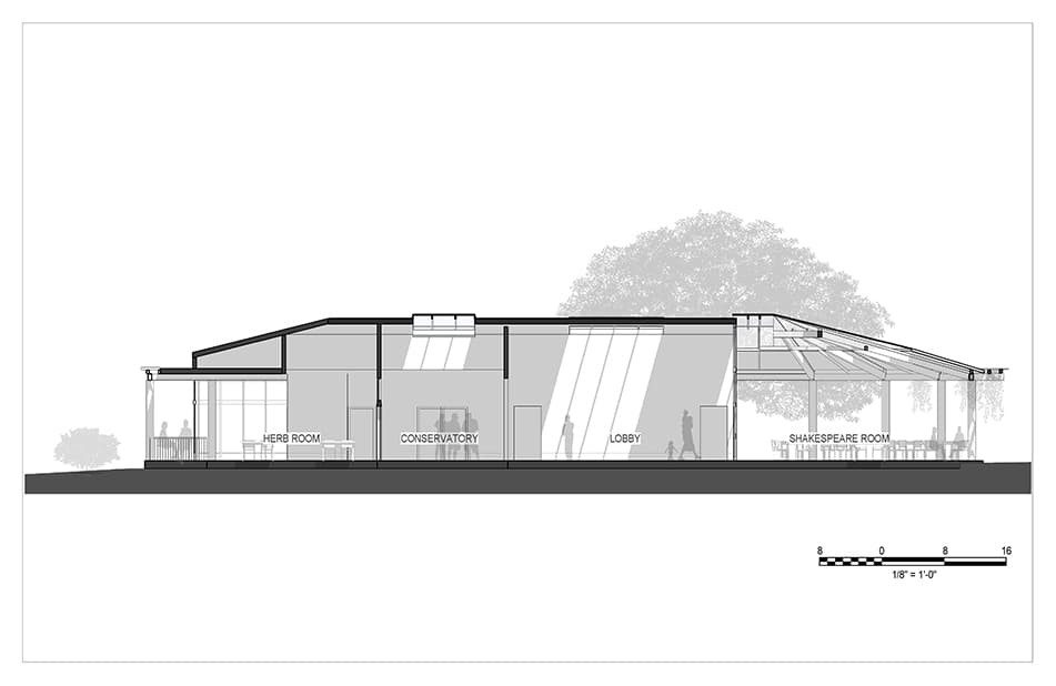 Sectional drawing of the tea room renovation plan highlights the inside and outside of the building, from east to west.