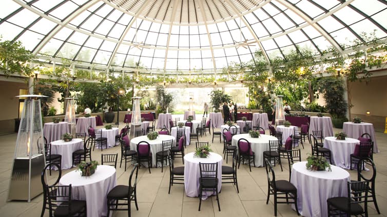 A wide angle shot of small round tables set up under a glass dome.