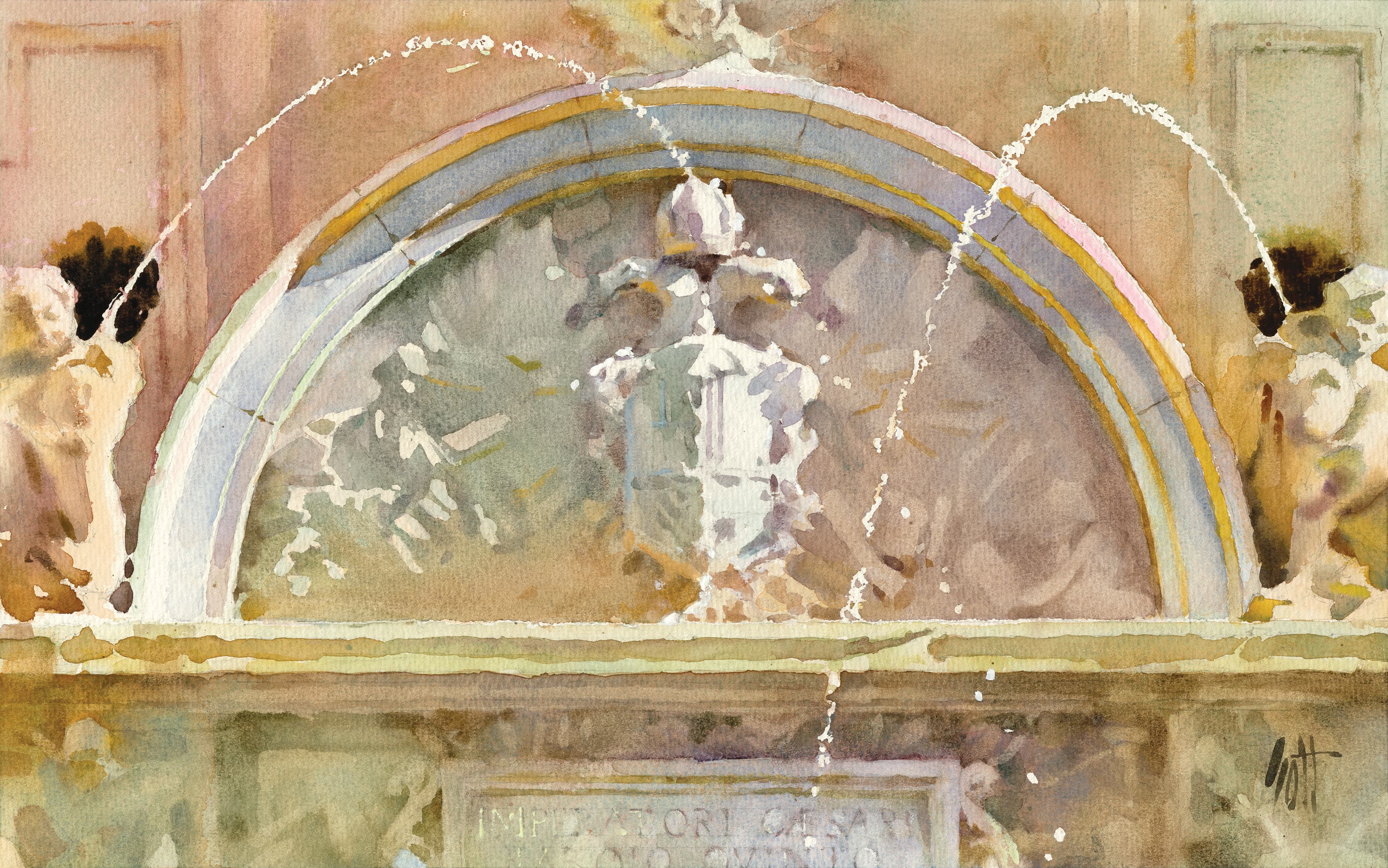 A watercolor painting of a fountain.