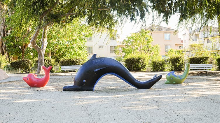 Dolphin play structures in red, black, and green.