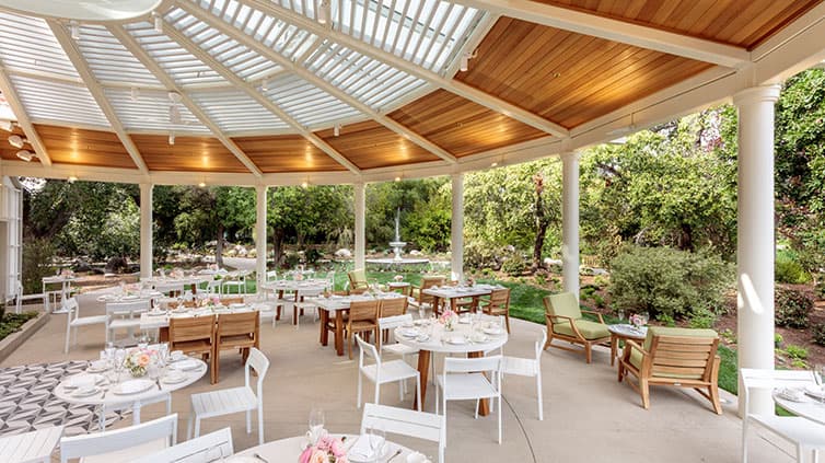 Under the cover of an outdoor tea room patio.