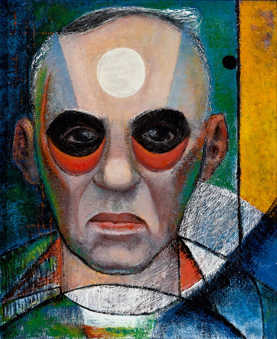 Portrait of a man's head and neck depicted with masklike facial features, abstracted shapes, and bright colors including blue, white, red, yellow and green.