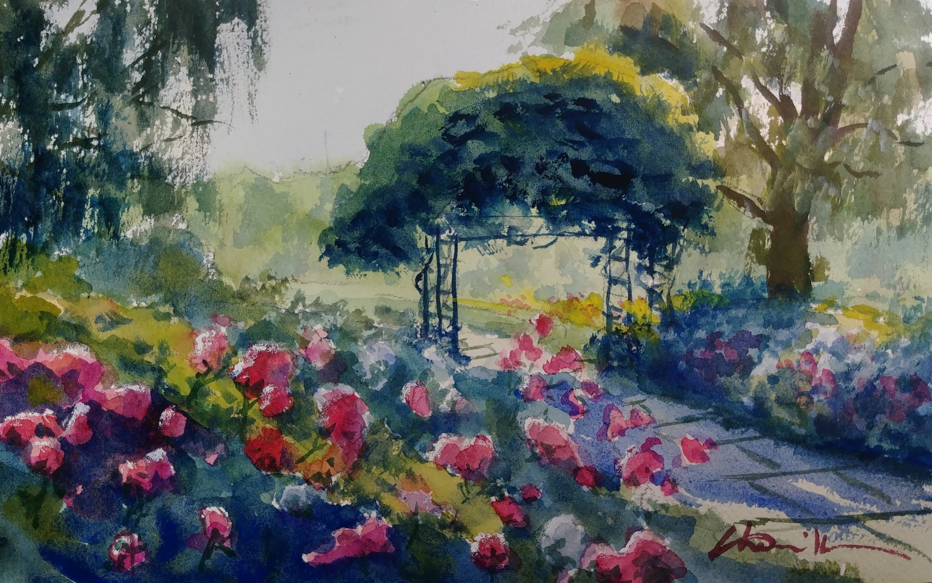 A watercolor painting of path in a rose garden with trees.