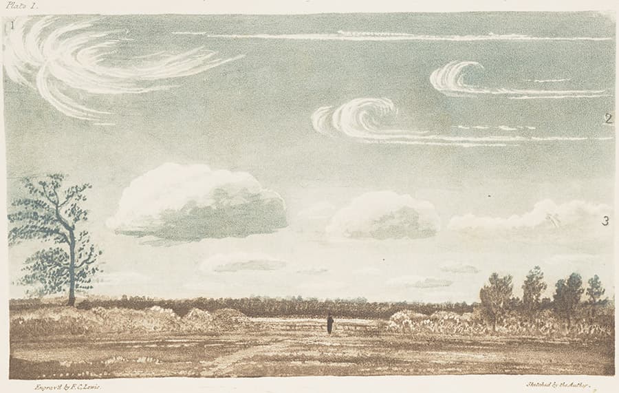 An engraving of an open plain with wisps of clouds above.