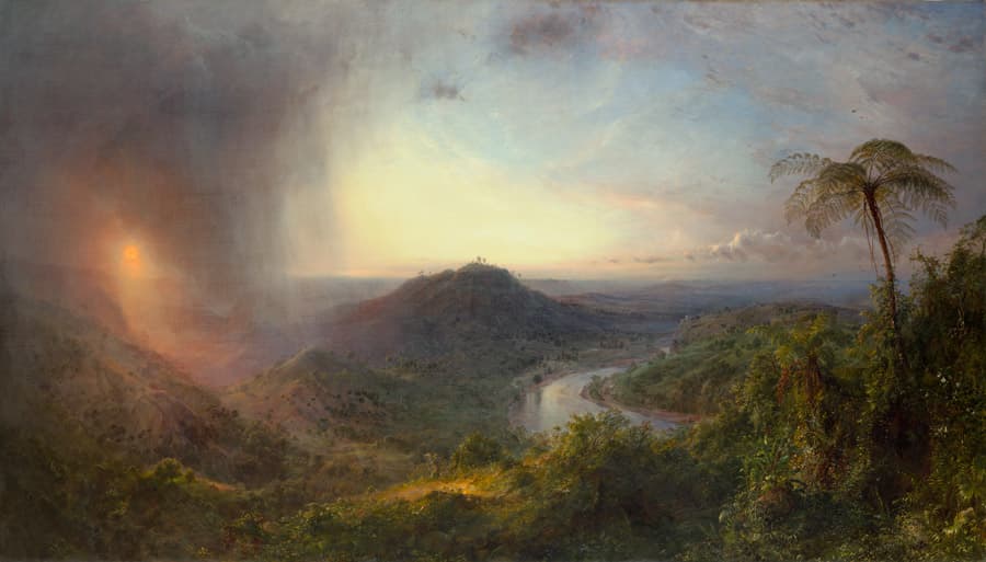 Dark clouds partially obscure golden sunlight, with a mountain and river in the distance.
