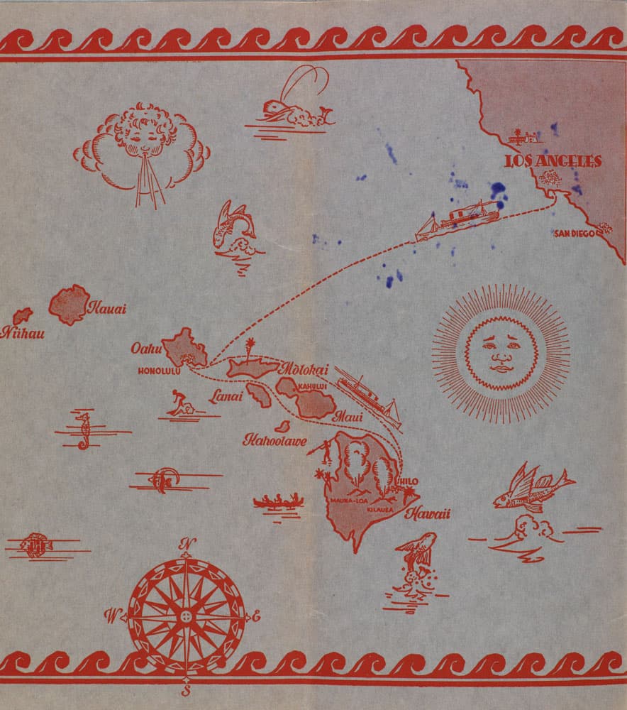 Orange illustration on gray paper, a map of Hawaii with decorative elements.