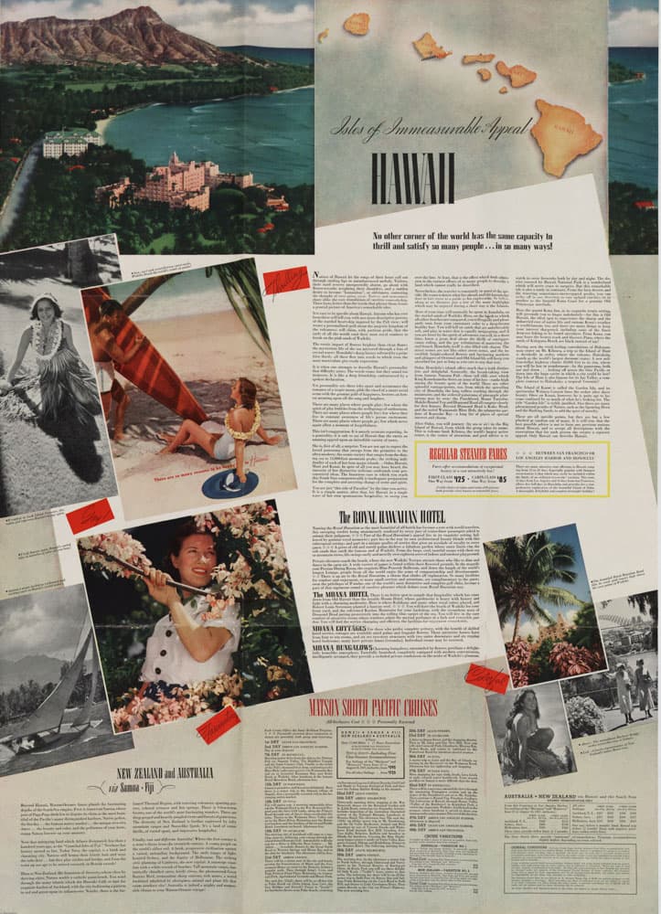 A page layout of information and photos of traveling in Hawaii.