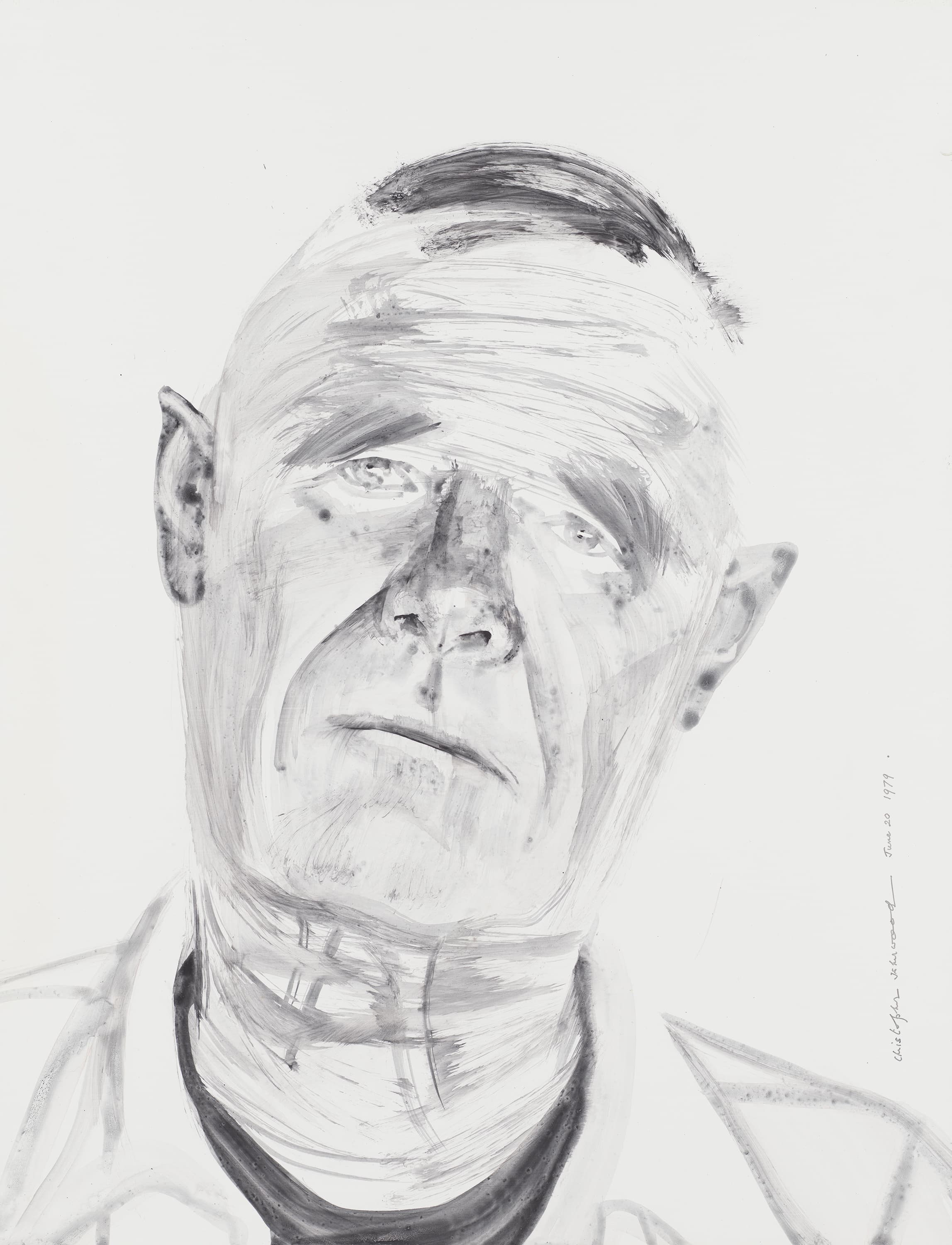 A black-and-white painting of a man.