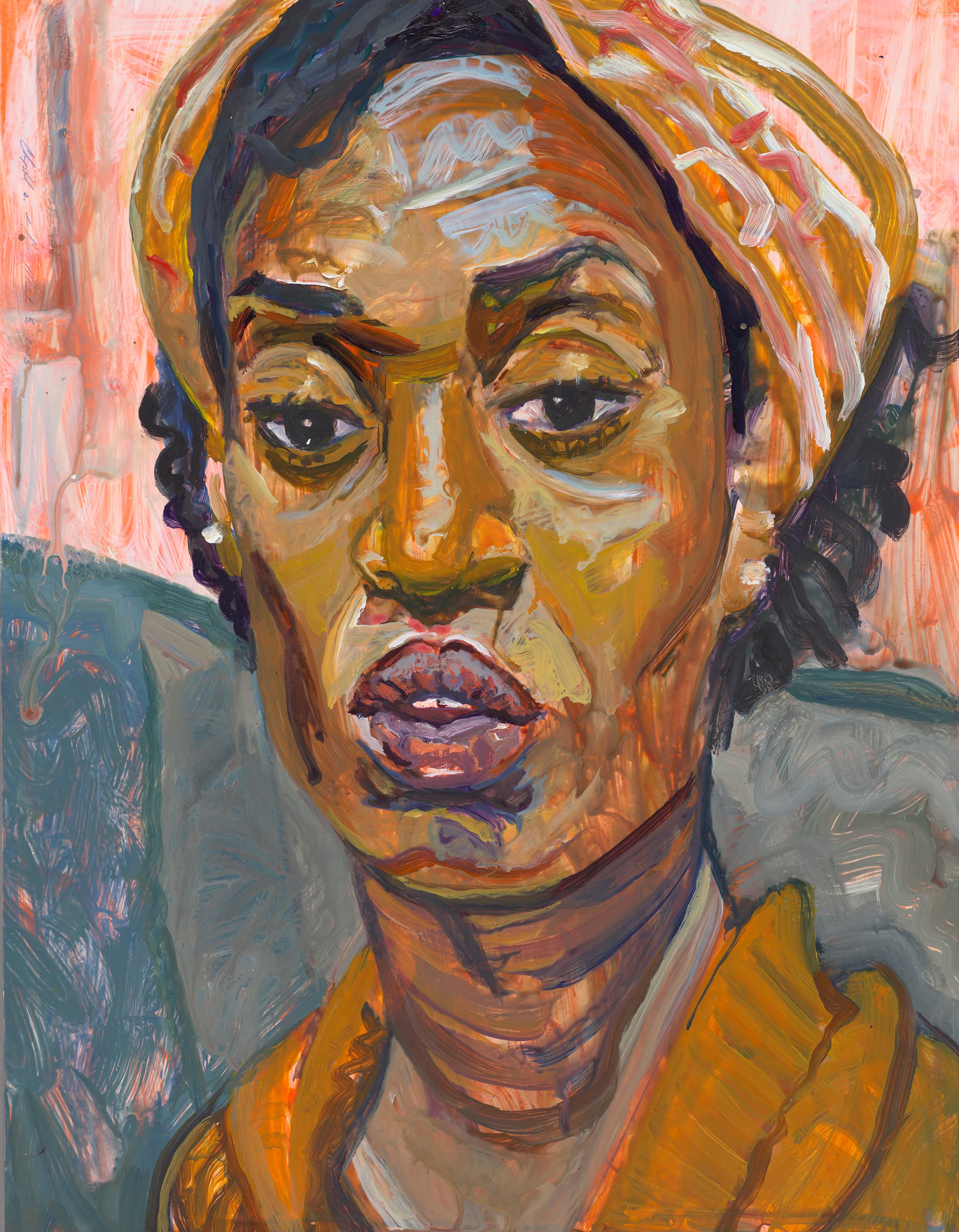 A painted portrait of a woman with exaggerated features.