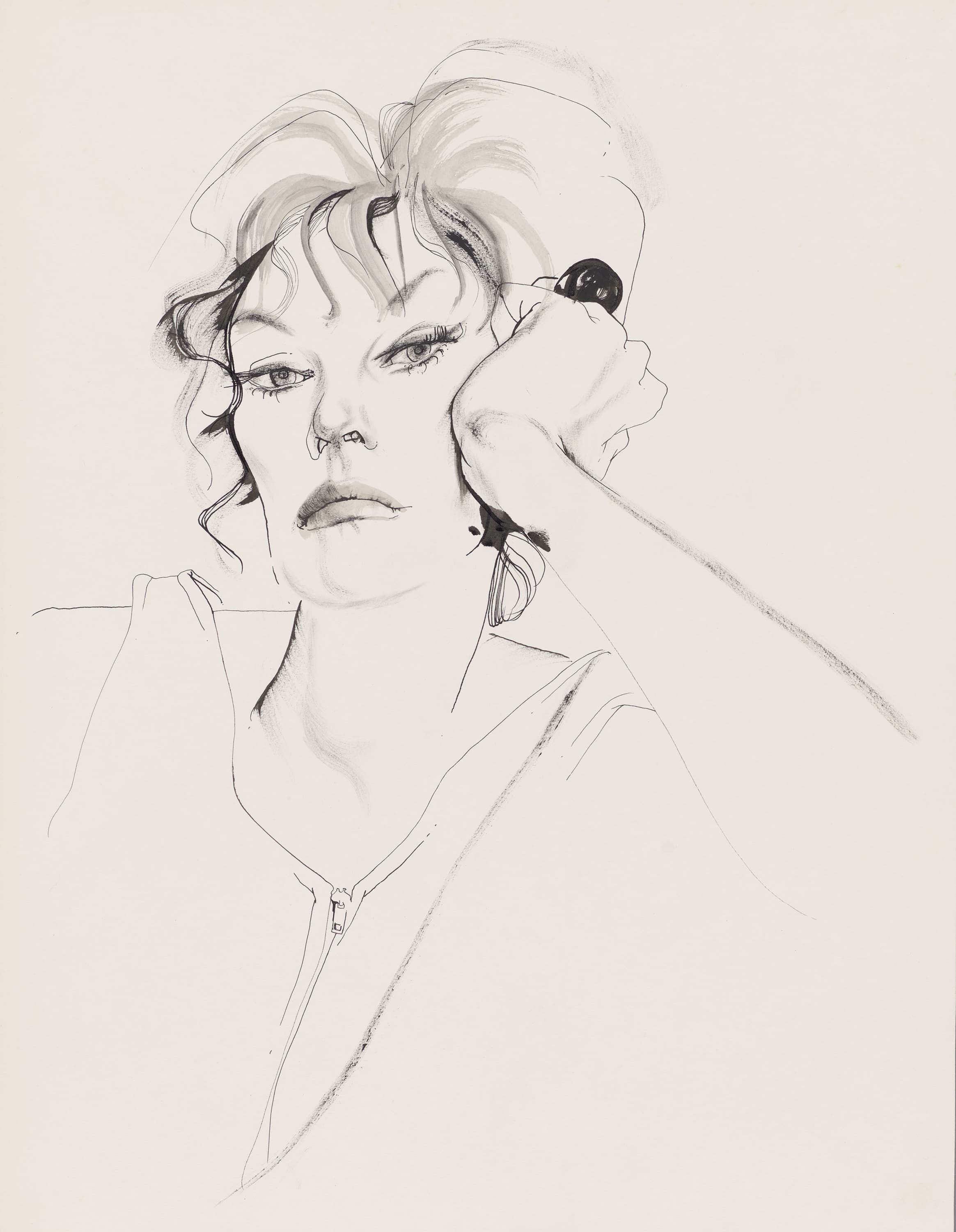 A black pen and ink drawing, on white paper, of a woman with her head on her hand.