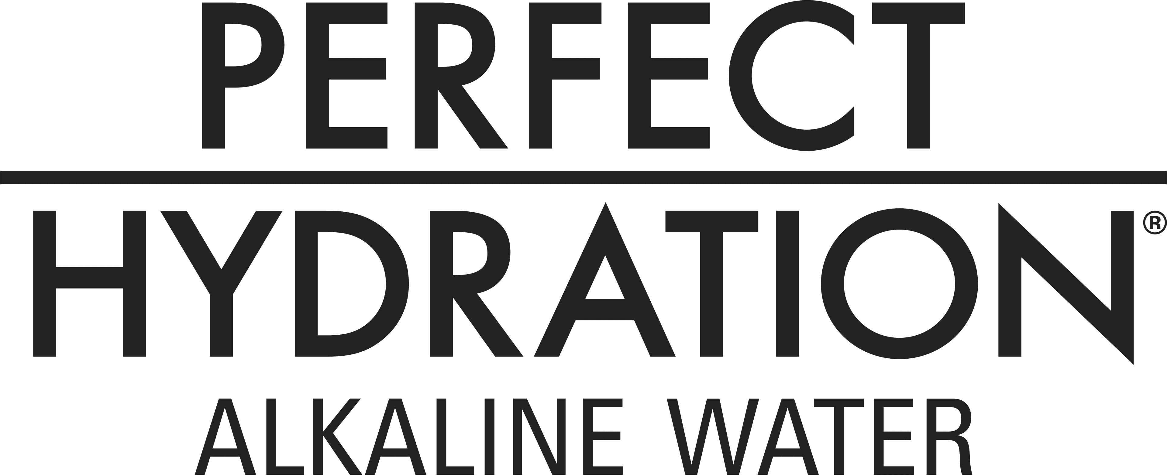 A black and white logo that reads "Perfect Hydration, Alkaline Water."