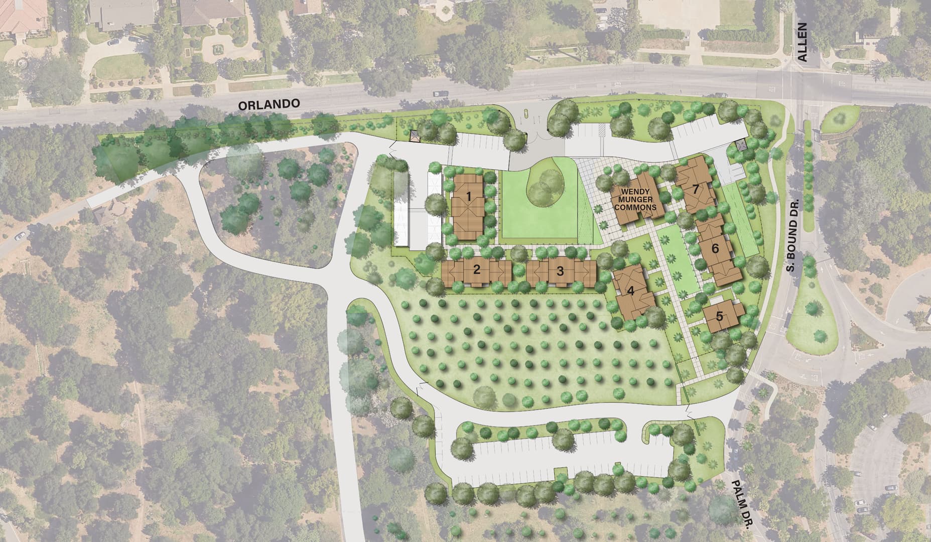 Aerial view of a neighborhood filled with trees.