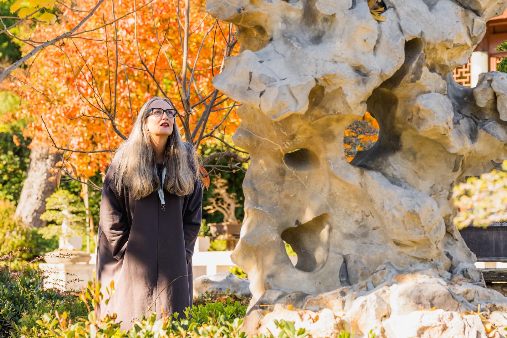 A standing person observes a large rock in a garden.