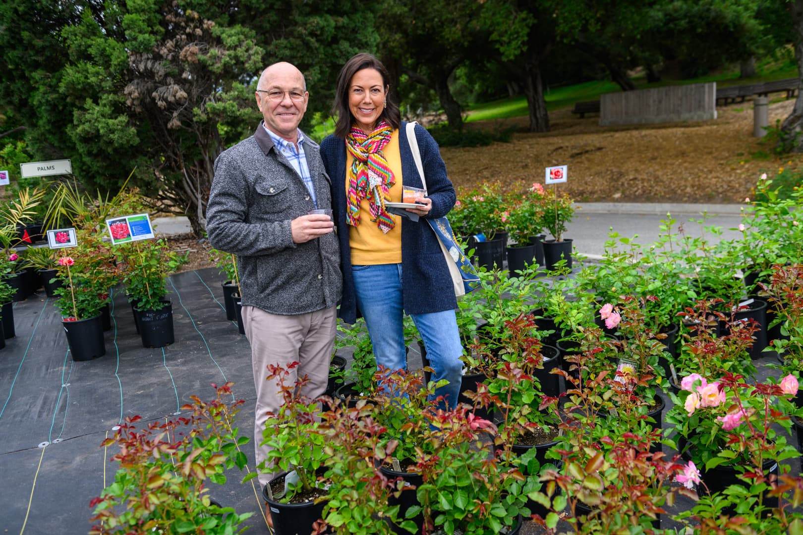 Two people stand in a nursery of potted plants.