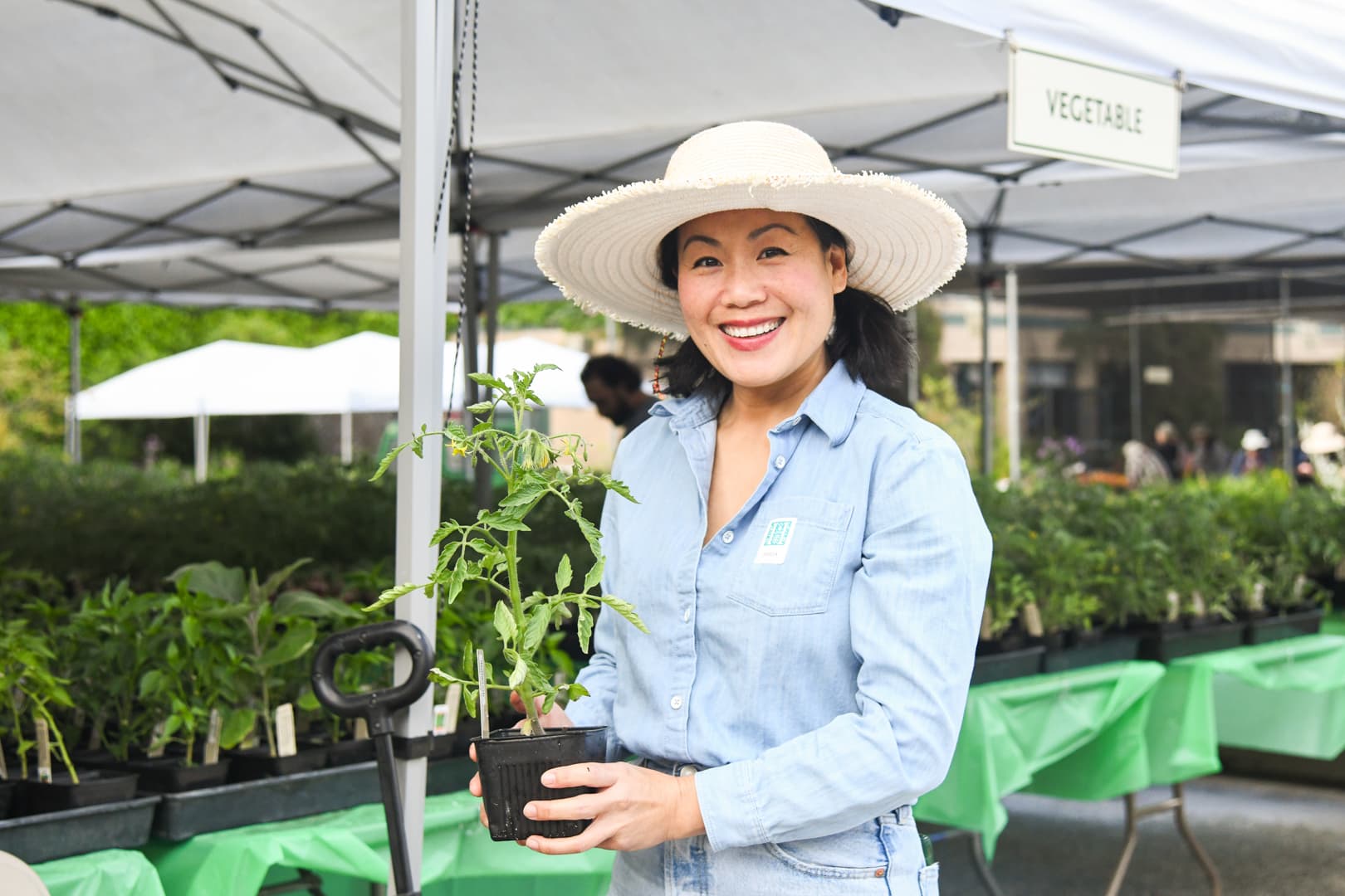 A smiling person in a white hat and a blue shirt holds a small potted plant.