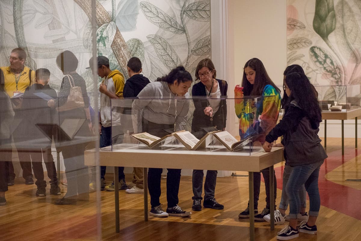 Docent talking to students in gallery.