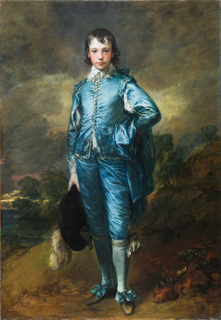 A painting of a young person wearing a blue outfit.