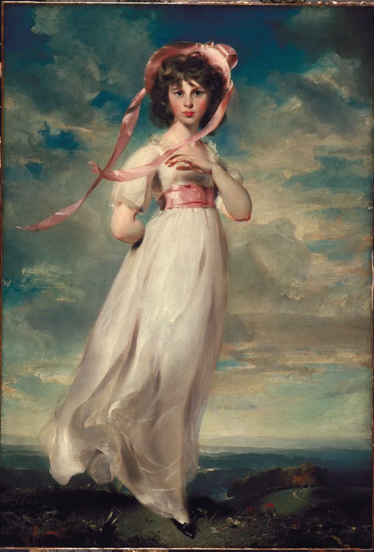 A painting of a young person wearing a pink dress, with a background of blue sky.