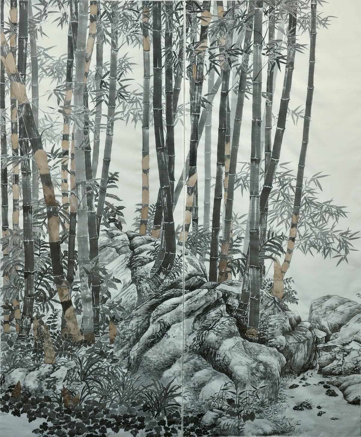 An intricately detailed drawing of tall, thin tree stalks standing above rocks.