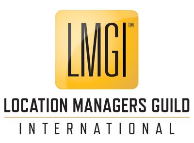 A gold square with rounded corners and black letters reading "LMGI", text underneath reads "LOCATION MANAGERS GUILD / INTERNATIONAL."