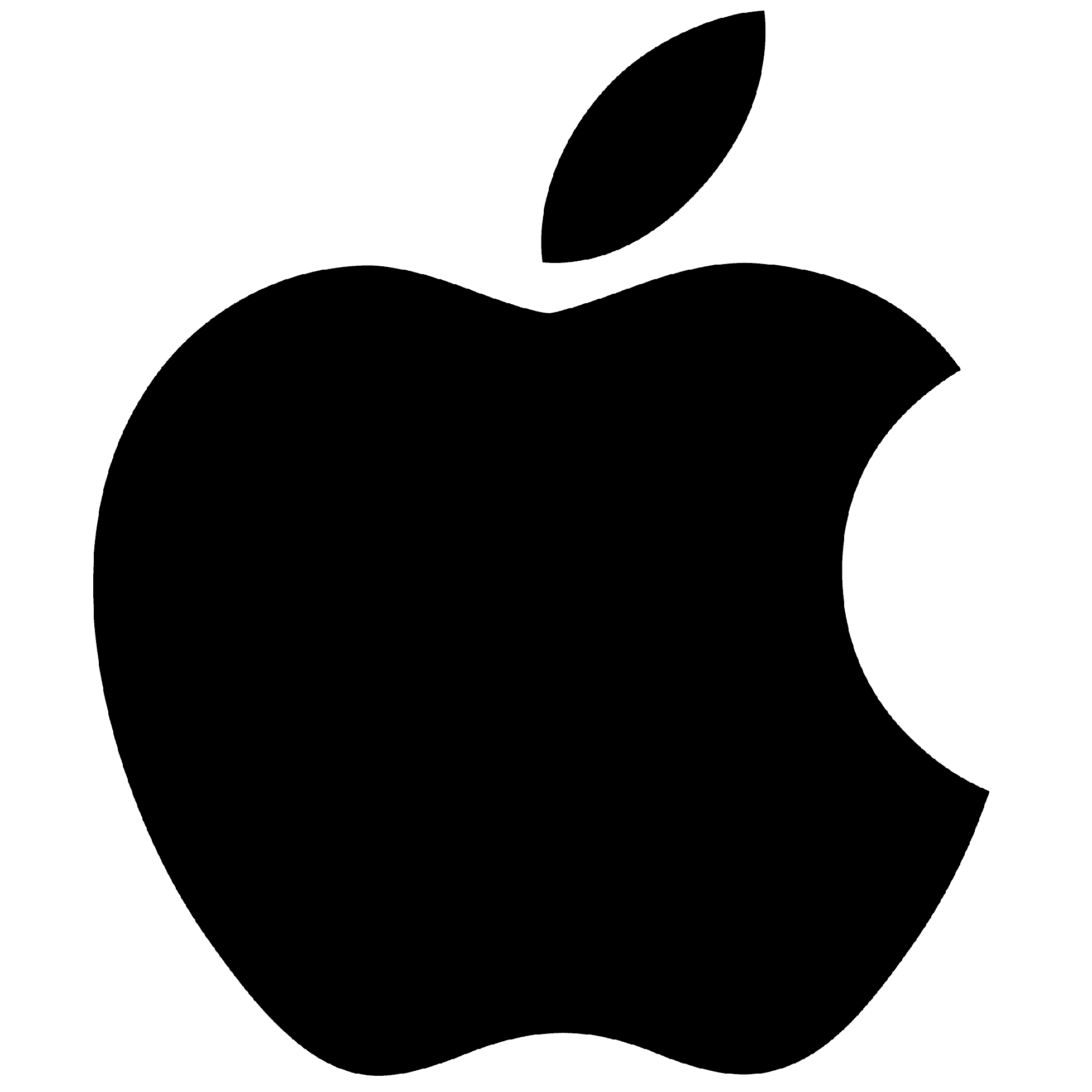 A black logomark of an apple with a missing piece on the right and a floating leaf above.