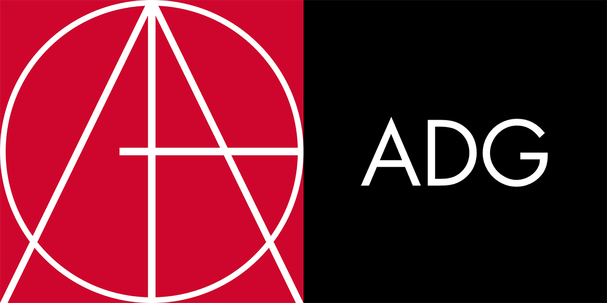  A rectangular logo, on left a red square with intersecting white lines, on right a black square with white letters reading "ADG."