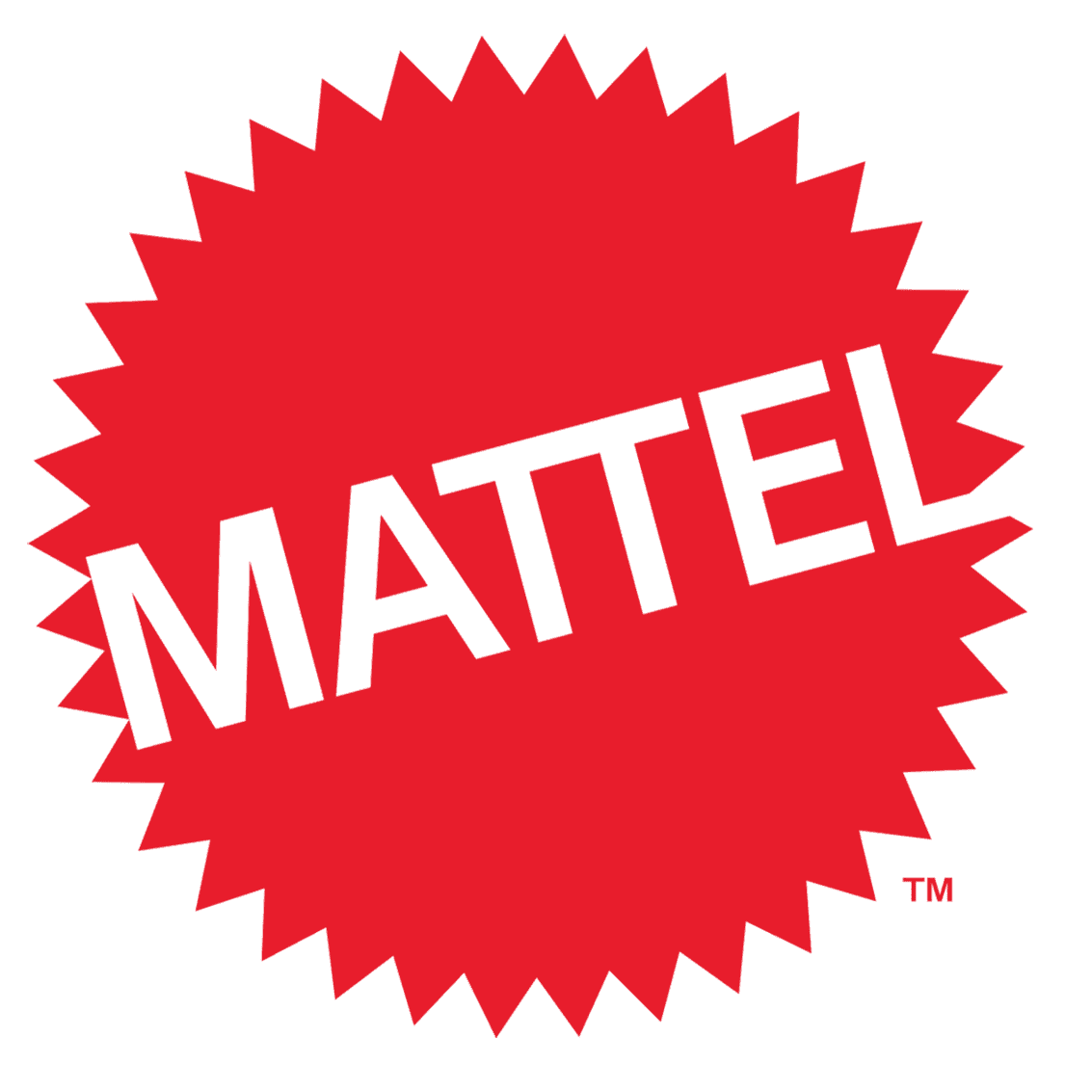A red logomark of a circular sun-burst shape with many pointed edges, and "MATTEL" across at a diagonal.