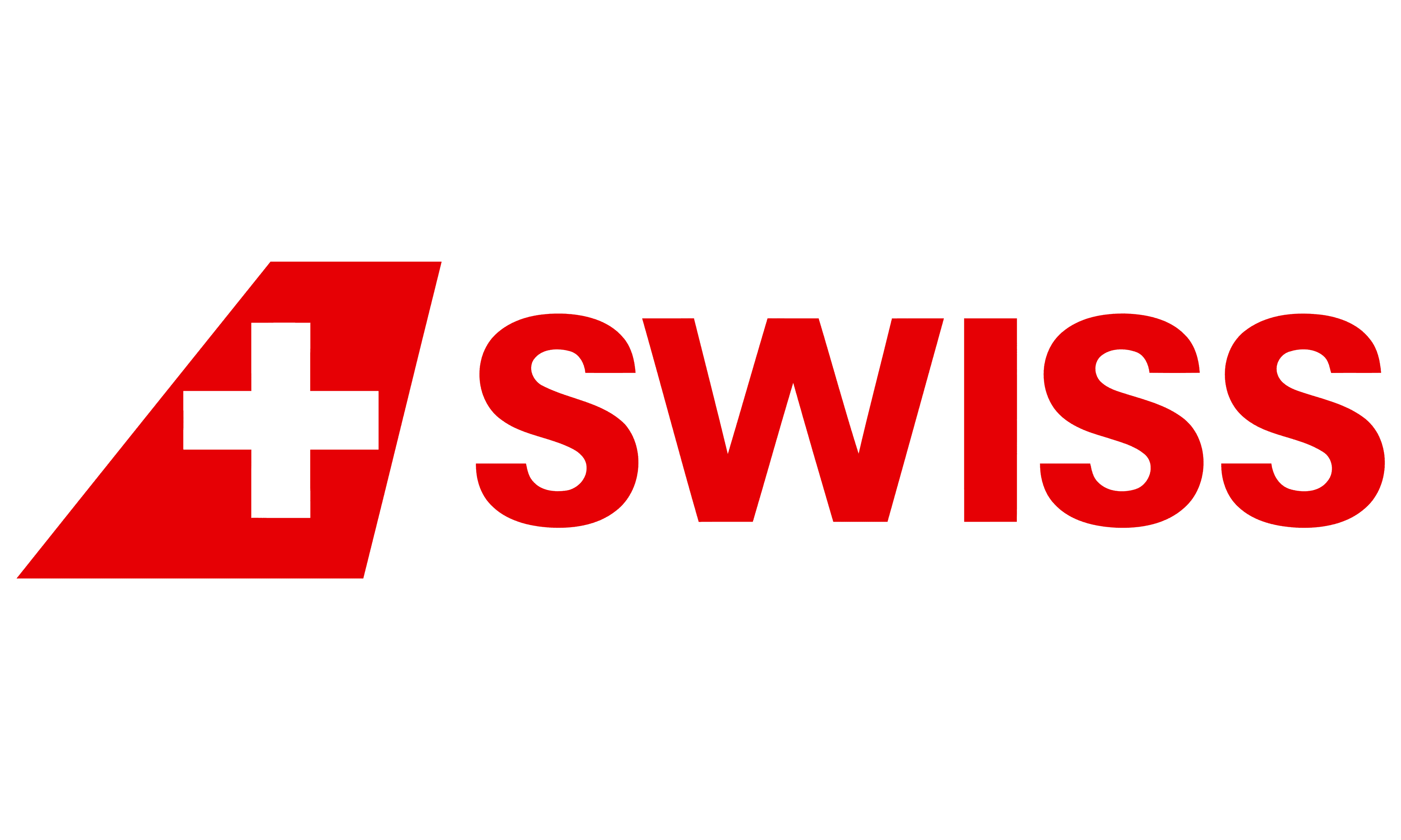 A logo with a red polygon containing a white plus-sign, on right bold red text reads "SWISS"