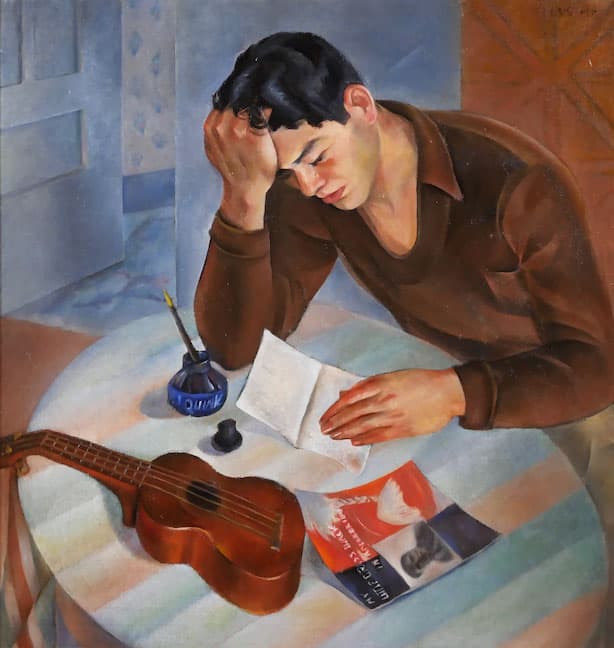 Painting of a person hunched over a small table, with eyes closed and head in hand. A blank piece of paper, a pen, ink, a ukelele, and a booklet are on the table.