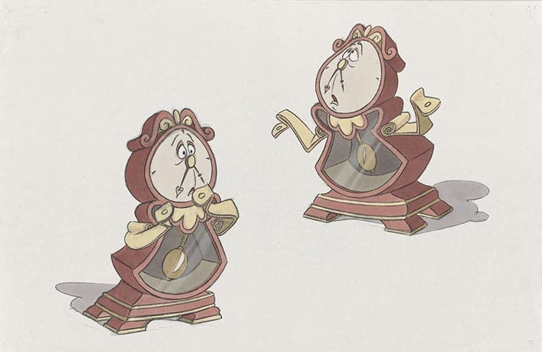 A color sketch of Cogsworth, the talking desk clock. Two poses show him worried, with his "hands" stretched out and a worried look on his (clock) face.
