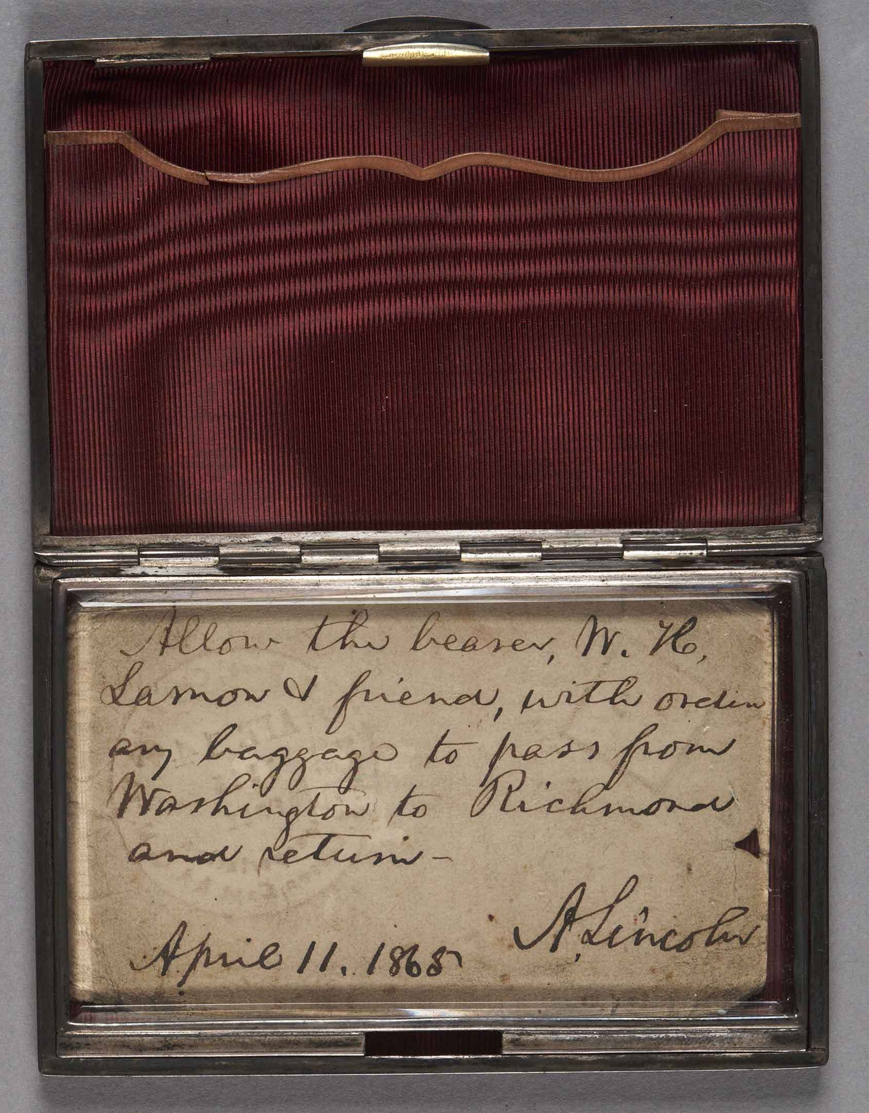 Abraham Lincoln, "Death Warrant" pass issued to Lincoln’s self-appointed bodyguard Ward H. Lamon, allowing him to travel while the President would be assassinated at Ford’s Theatre, April 11, 1865. Ward Hill Lamon Papers. mssLN 2371