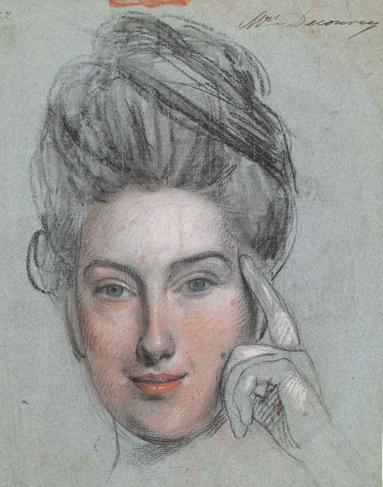 John Russell (British, 1745-1806), Mrs. Decourcy, late 18th century, pastel on blue paper. The Huntington Library, Art Collections, and Botanical Gardens, Sir Bruce Ingram Collection.